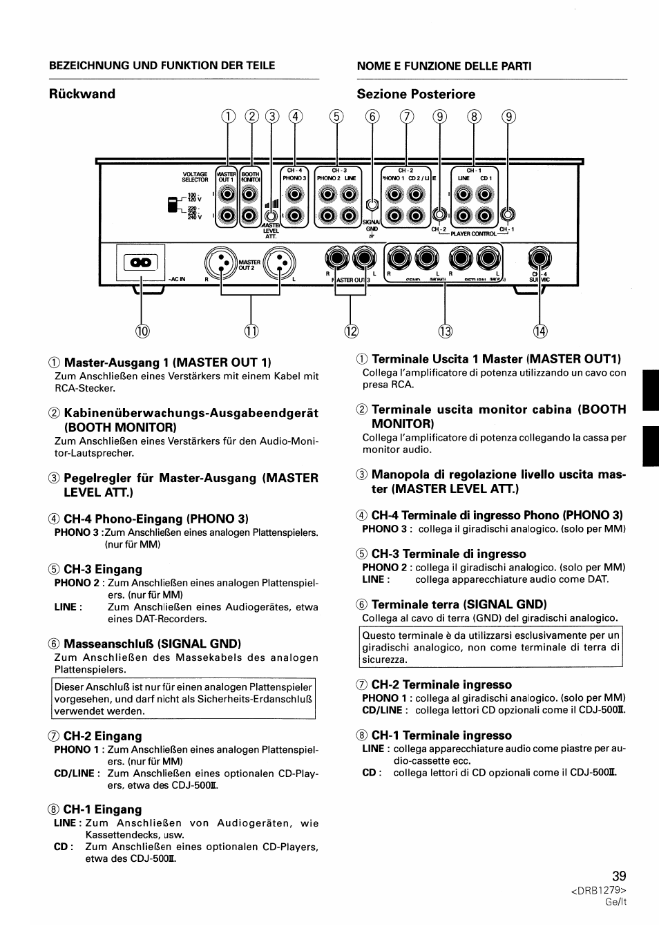 Sezione posteriore, 0 master-ausgang 1 (master out 1), Pegelregler für master-ausgang (master level att.) | Ch-4 phono-eingang (phono 3), D ch-3 eingang, D masseanschluß (signal gnd), 0 ch-2 eingang, D ch-1 eingang, Terminale uscita 1 master (master out1), 2) terminale uscita monitor cabina (booth monitor) | Pioneer DJM-500 User Manual | Page 39 / 108