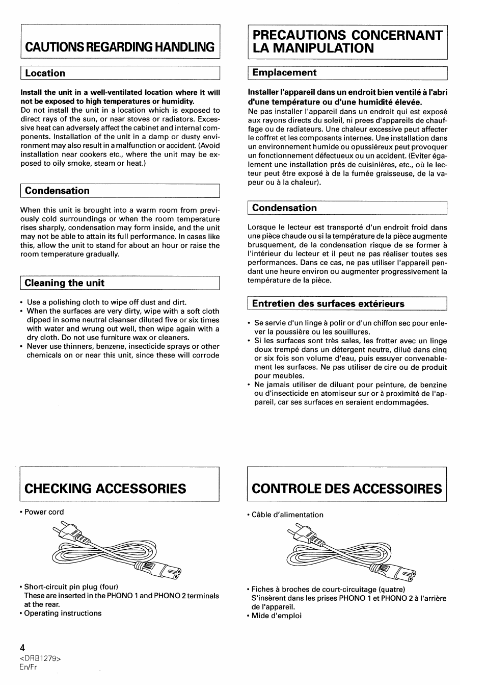 Condensation, Cleaning the unit, Emplacement | Entretien des surfaces extérieurs, Precautions concernant la manipulation | Pioneer DJM-500 User Manual | Page 4 / 108