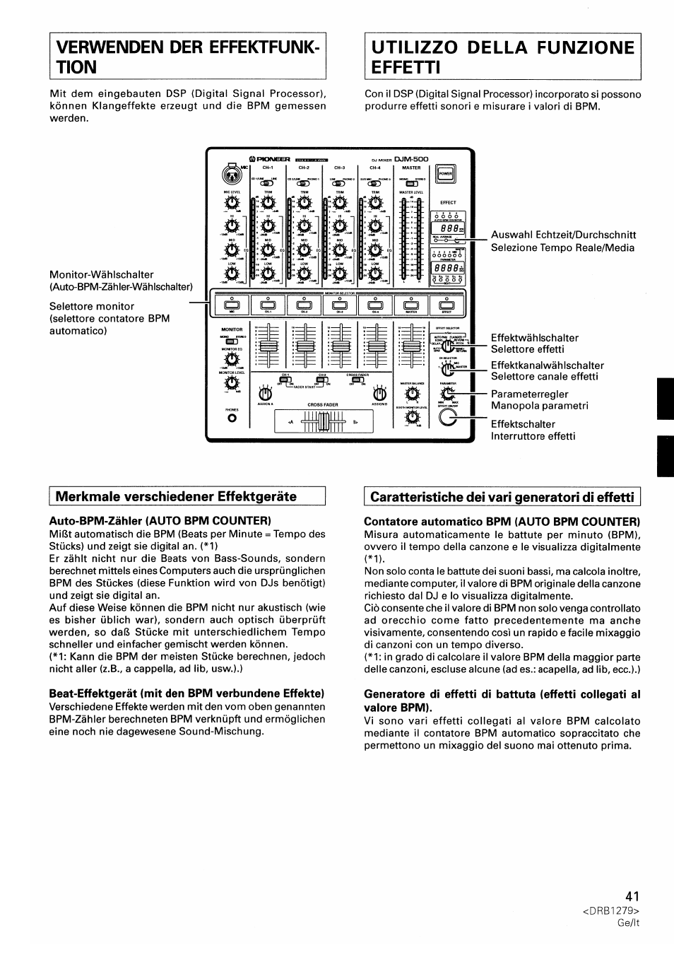 Merkmale verschiedener effektgeräte, Caratteristiche dei vari generatori di effetti | Pioneer DJM-500 User Manual | Page 41 / 108