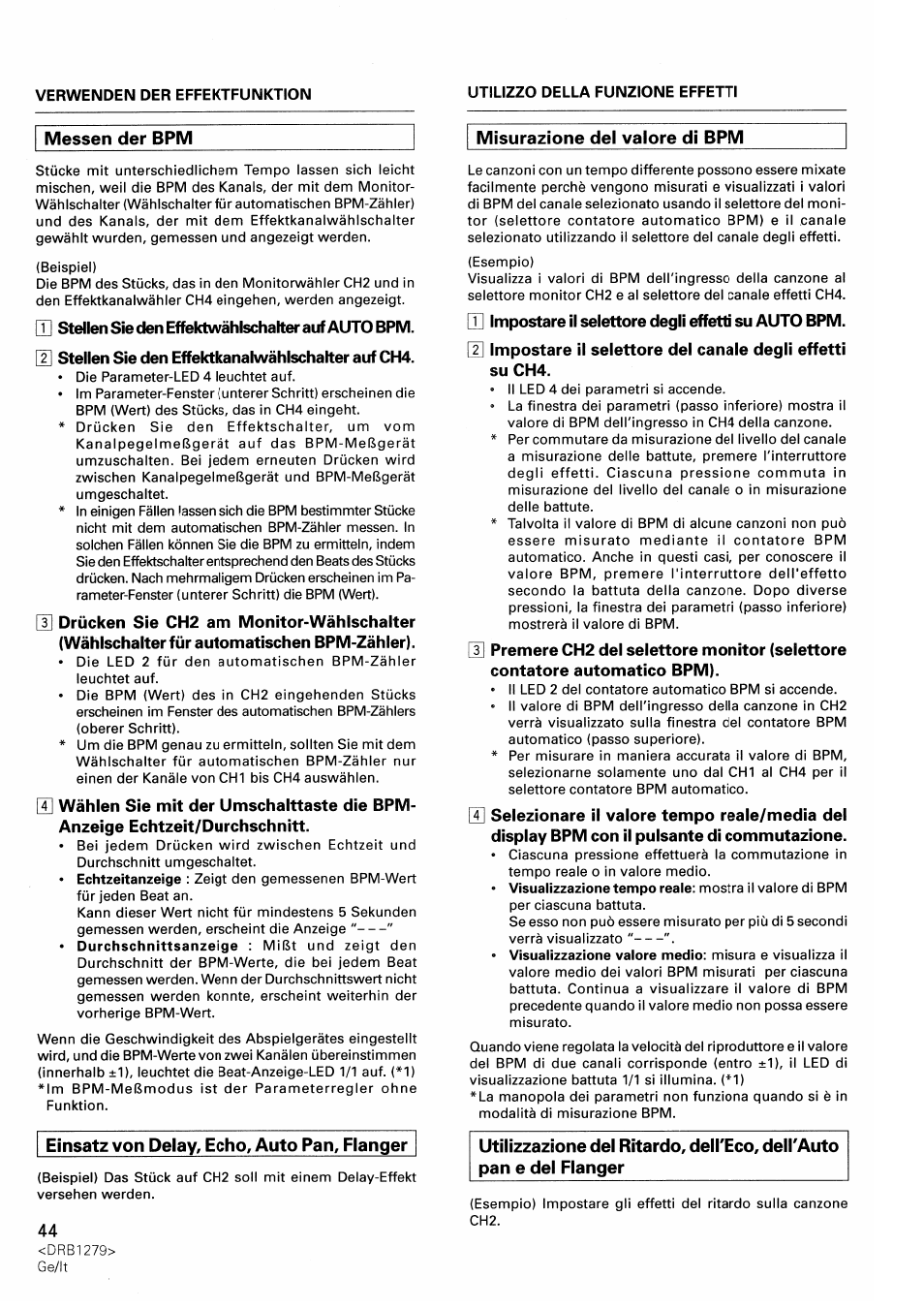 Messen der bpm, Misurazione del valore di bpm | Pioneer DJM-500 User Manual | Page 44 / 108
