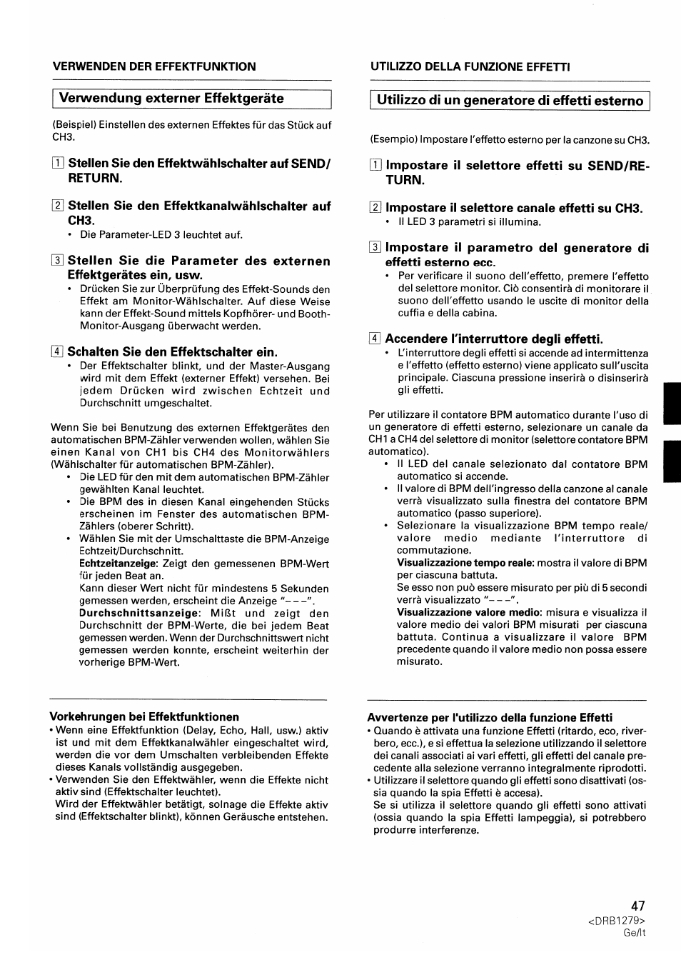 Verwendung externer effektgeräte, Utilizzo di un generatore di effetti esterno | Pioneer DJM-500 User Manual | Page 47 / 108