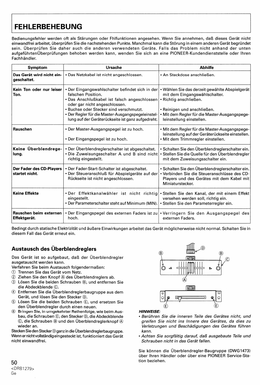 Austausch des überblendreglers, Starten des überblendreglers | Pioneer DJM-500 User Manual | Page 50 / 108