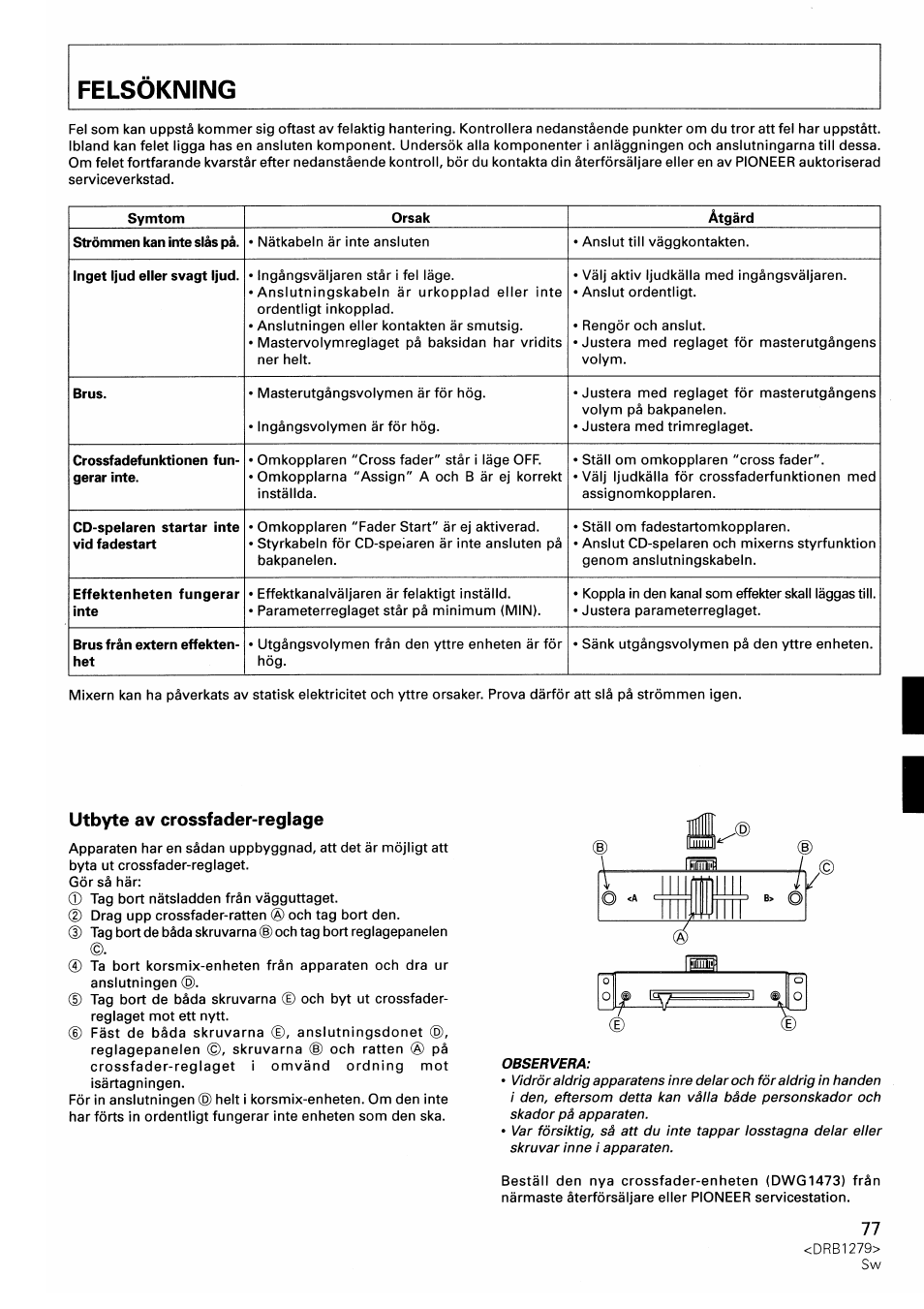 Utbyte av crossfader-reglage | Pioneer DJM-500 User Manual | Page 77 / 108