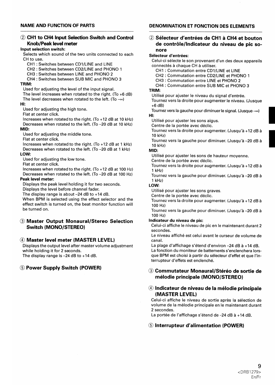 0 master level meter (master level), Interrupteur d'alimentation (power) | Pioneer DJM-500 User Manual | Page 9 / 108