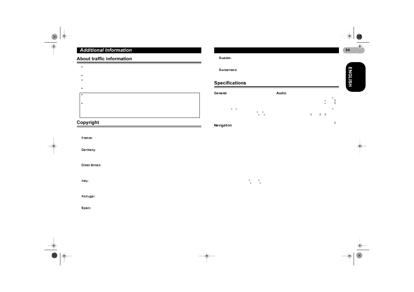 Gglwlrqdo ,qirupdwlrq, Erxw wudiilf lqirupdwlrq, Rs\uljkw | 6shflilfdwlrqv | Pioneer ANH-P9R User Manual | Page 54 / 56