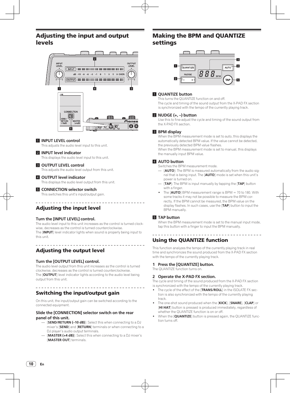 Adjusting the input and output levels, Making the bpm and quantize settings, Adjusting the input level | Adjusting the output level, Switching the input/output gain, Using the quantize function | Pioneer RMX-1000-M User Manual | Page 10 / 76