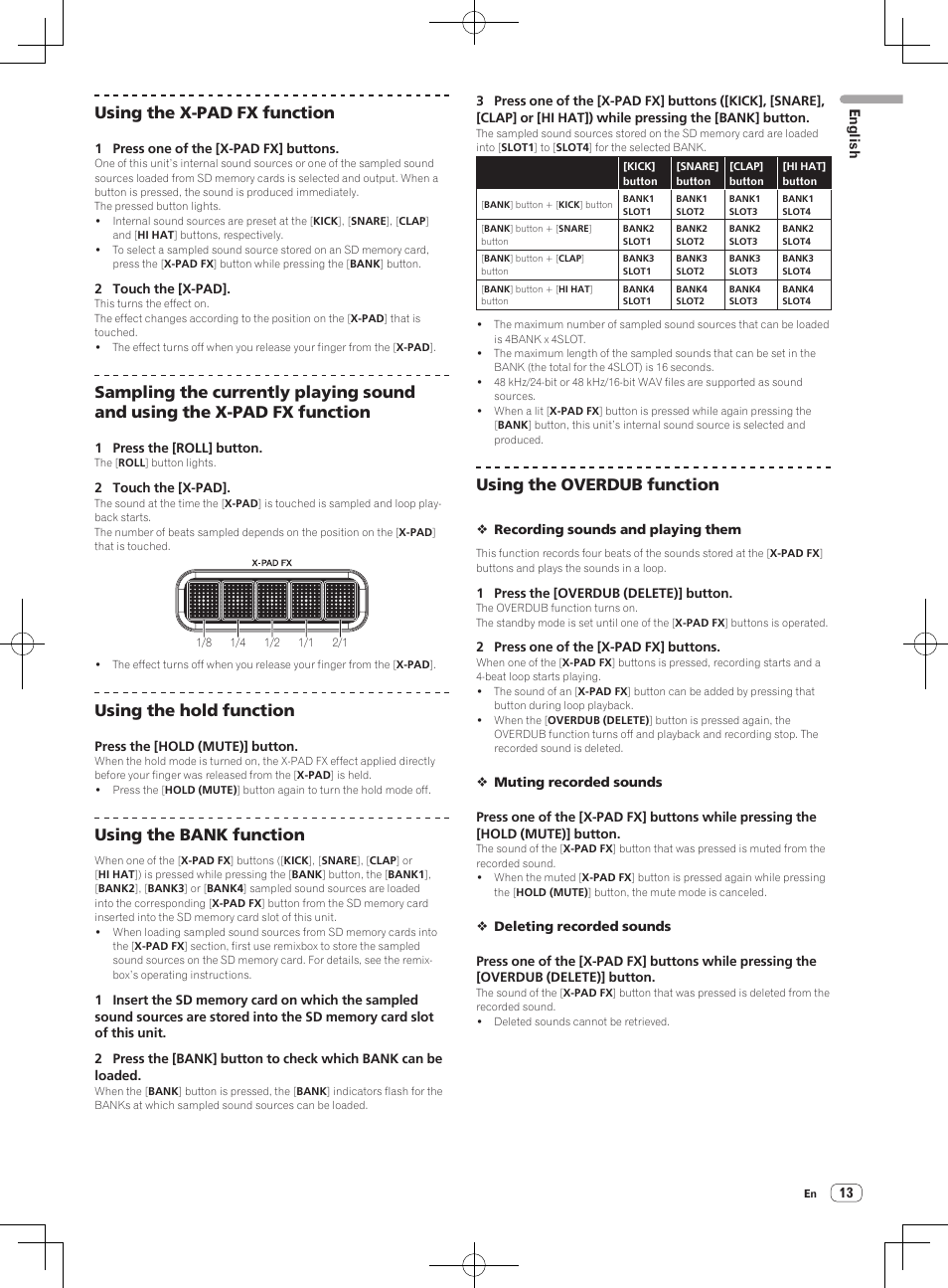 Using the x-pad fx function, Using the hold function, Using the bank function | Using the overdub function | Pioneer RMX-1000-M User Manual | Page 13 / 76