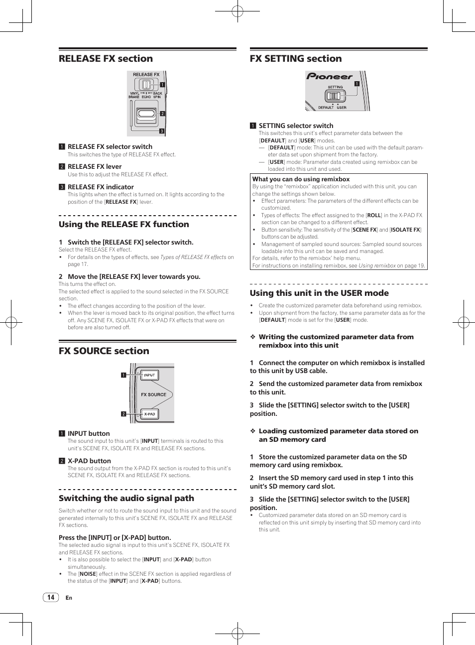 Using the release fx function, Switching the audio signal path, Using this unit in the user mode | Pioneer RMX-1000-M User Manual | Page 14 / 76