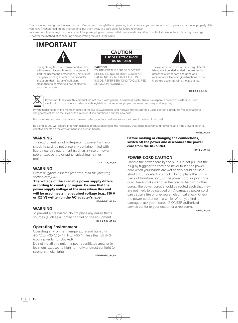 Important, Caution, Warning | Operating environment, Power-cord caution | Pioneer RMX-1000-M User Manual | Page 2 / 76