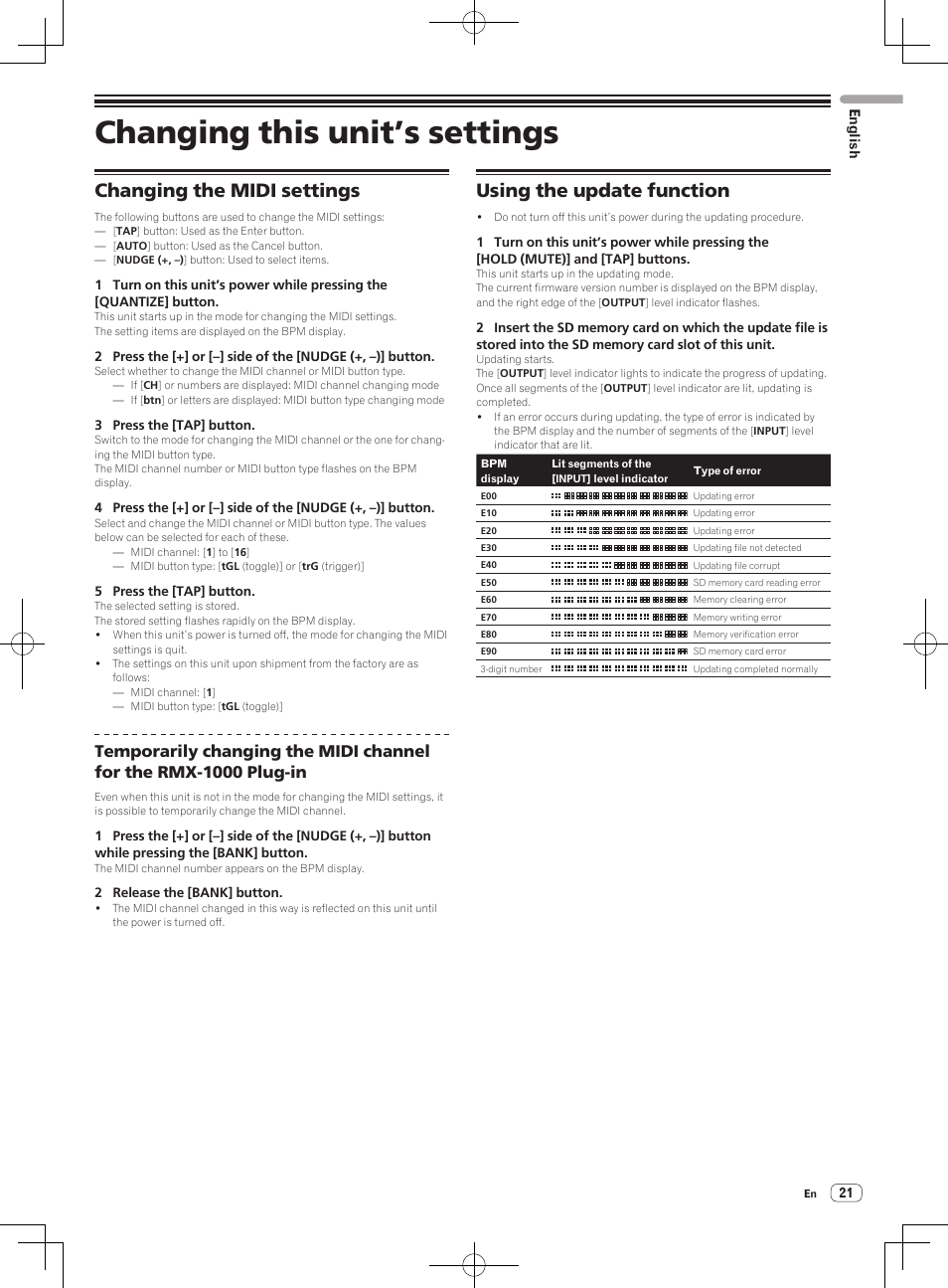 Changing this unit’s settings, Changing the midi settings, Using the update function | Pioneer RMX-1000-M User Manual | Page 21 / 76