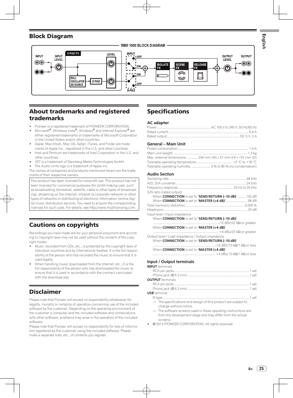 Cautions on copyrights, Disclaimer, Specifications | Pioneer RMX-1000-M User Manual | Page 25 / 76