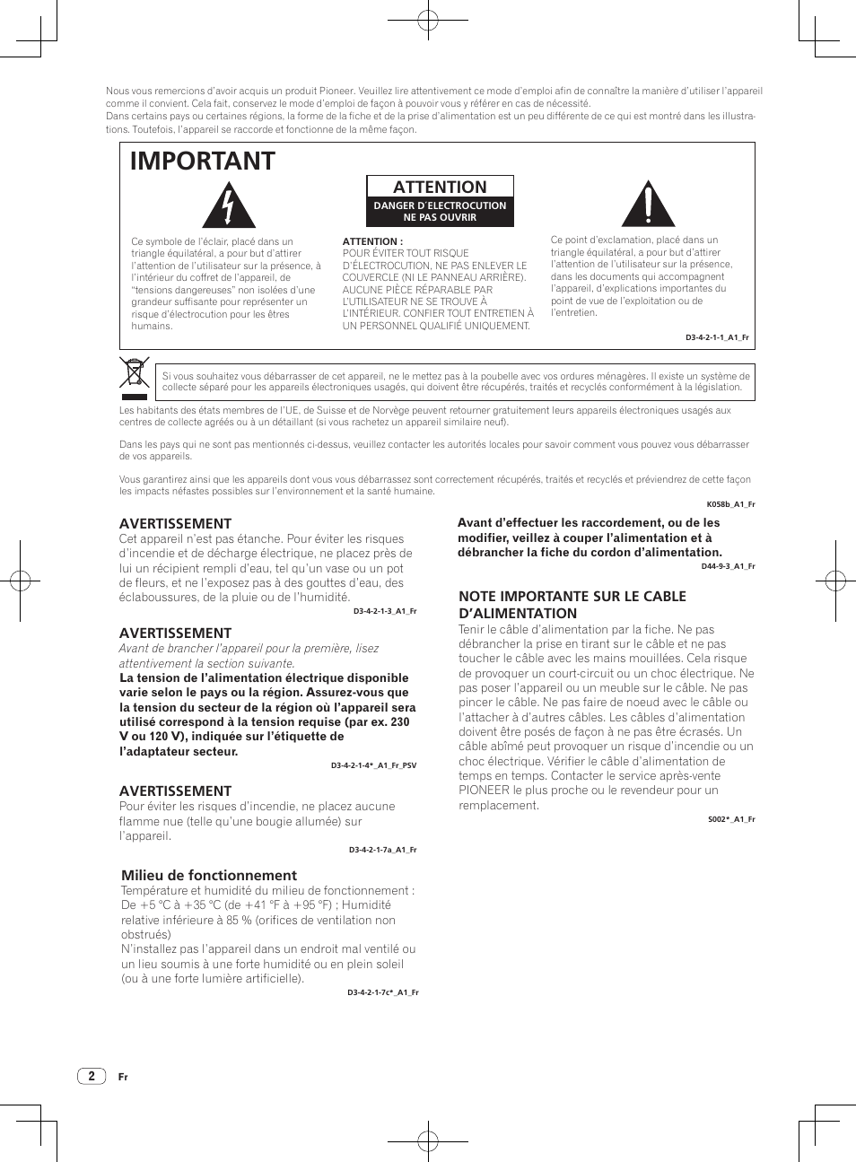 Important, Attention, Avertissement | Milieu de fonctionnement | Pioneer RMX-1000-M User Manual | Page 26 / 76