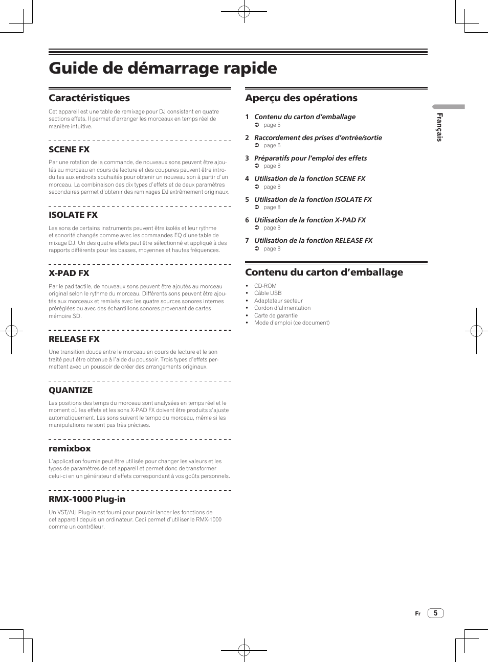 Guide de démarrage rapide, Caractéristiques, Aperçu des opérations | Contenu du carton d’emballage | Pioneer RMX-1000-M User Manual | Page 29 / 76