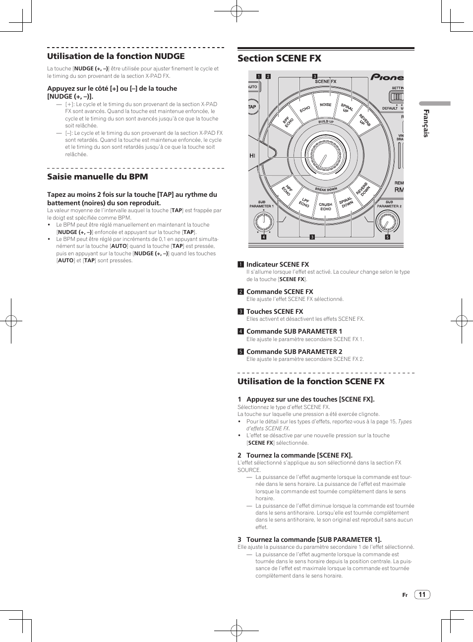 Section scene fx, Utilisation de la fonction nudge, Saisie manuelle du bpm | Utilisation de la fonction scene fx | Pioneer RMX-1000-M User Manual | Page 35 / 76