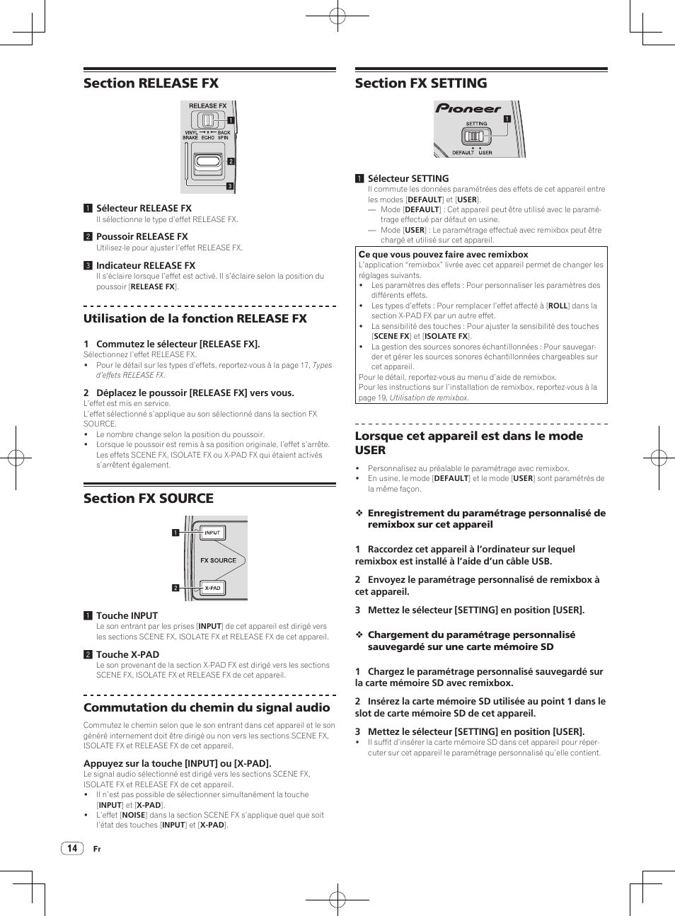 Utilisation de la fonction release fx, Commutation du chemin du signal audio, Lorsque cet appareil est dans le mode user | Pioneer RMX-1000-M User Manual | Page 38 / 76