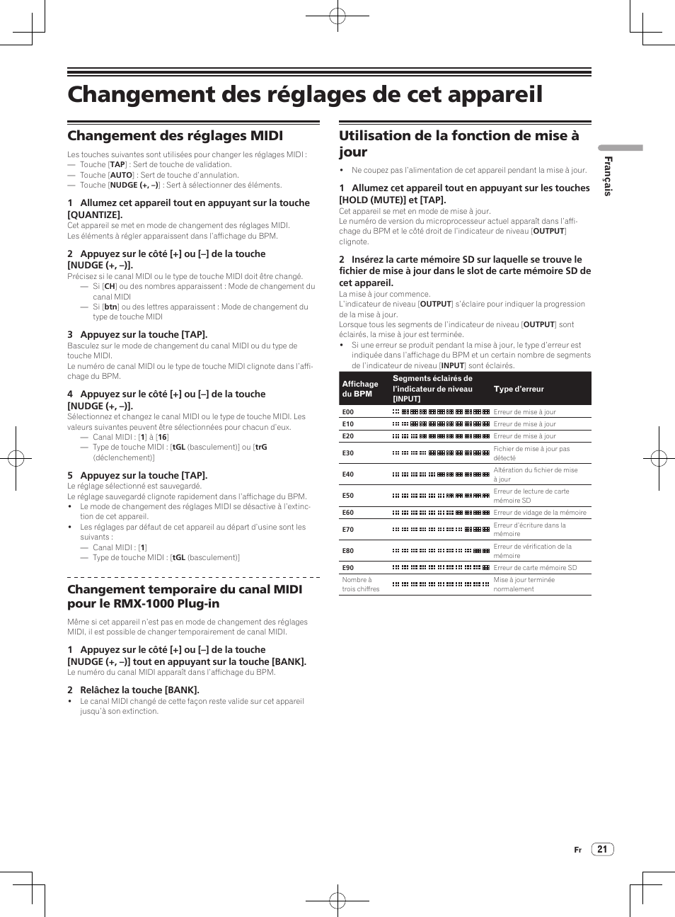 Changement des réglages de cet appareil, Changement des réglages midi, Utilisation de la fonction de mise à jour | Pioneer RMX-1000-M User Manual | Page 45 / 76