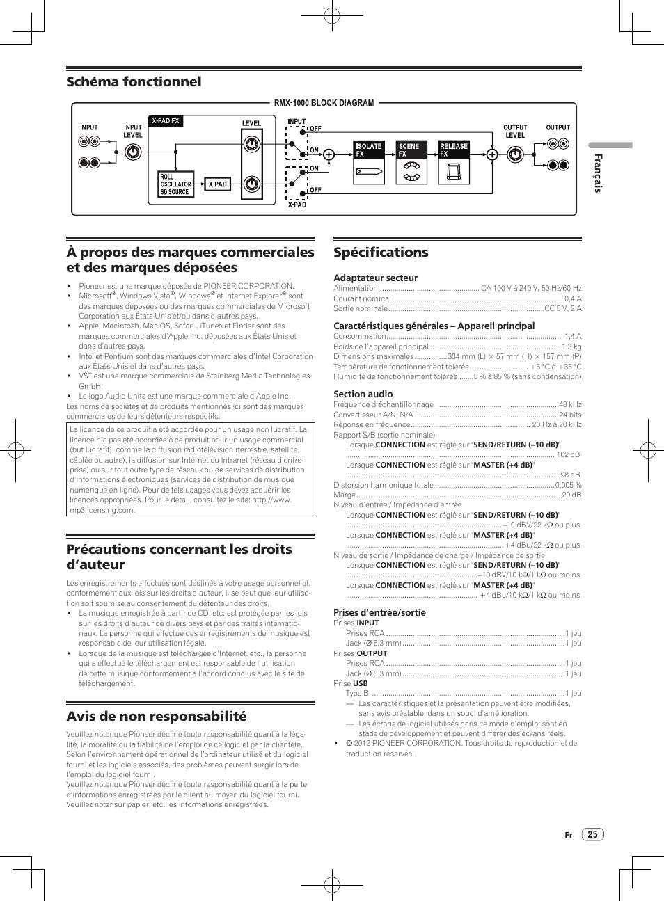 Précautions concernant les droits d’auteur, Avis de non responsabilité, Spécifications | Pioneer RMX-1000-M User Manual | Page 49 / 76