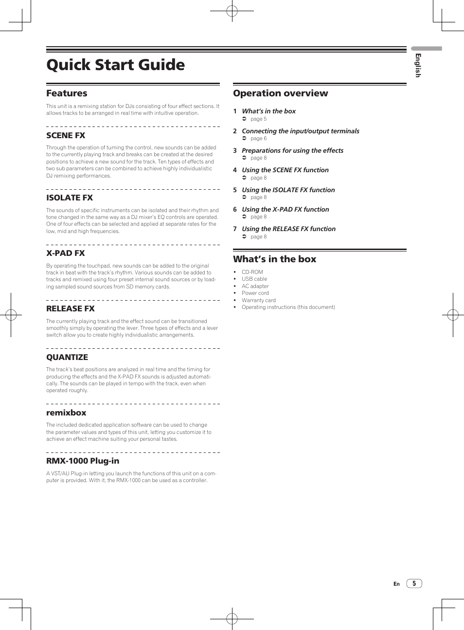 Features operation overview what’s in the box, Quick start guide, Features | Operation overview, What’s in the box | Pioneer RMX-1000-M User Manual | Page 5 / 76