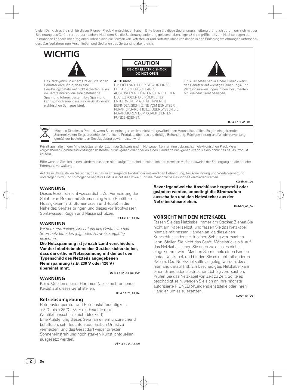 Wichtig, Caution, Warnung | Betriebsumgebung, Vorsicht mit dem netzkabel | Pioneer RMX-1000-M User Manual | Page 50 / 76