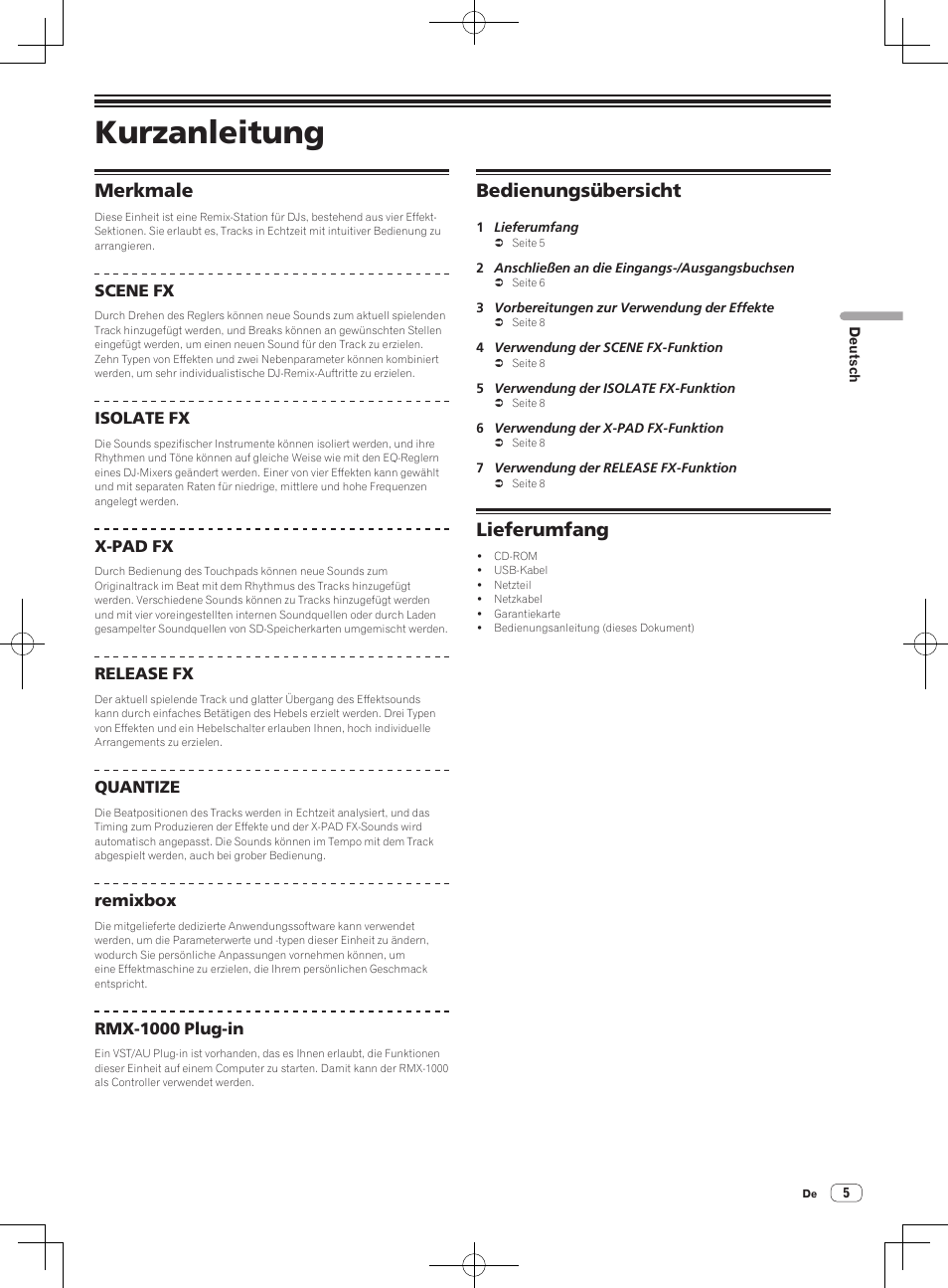 Merkmale bedienungsübersicht lieferumfang, Kurzanleitung, Merkmale | Bedienungsübersicht, Lieferumfang | Pioneer RMX-1000-M User Manual | Page 53 / 76