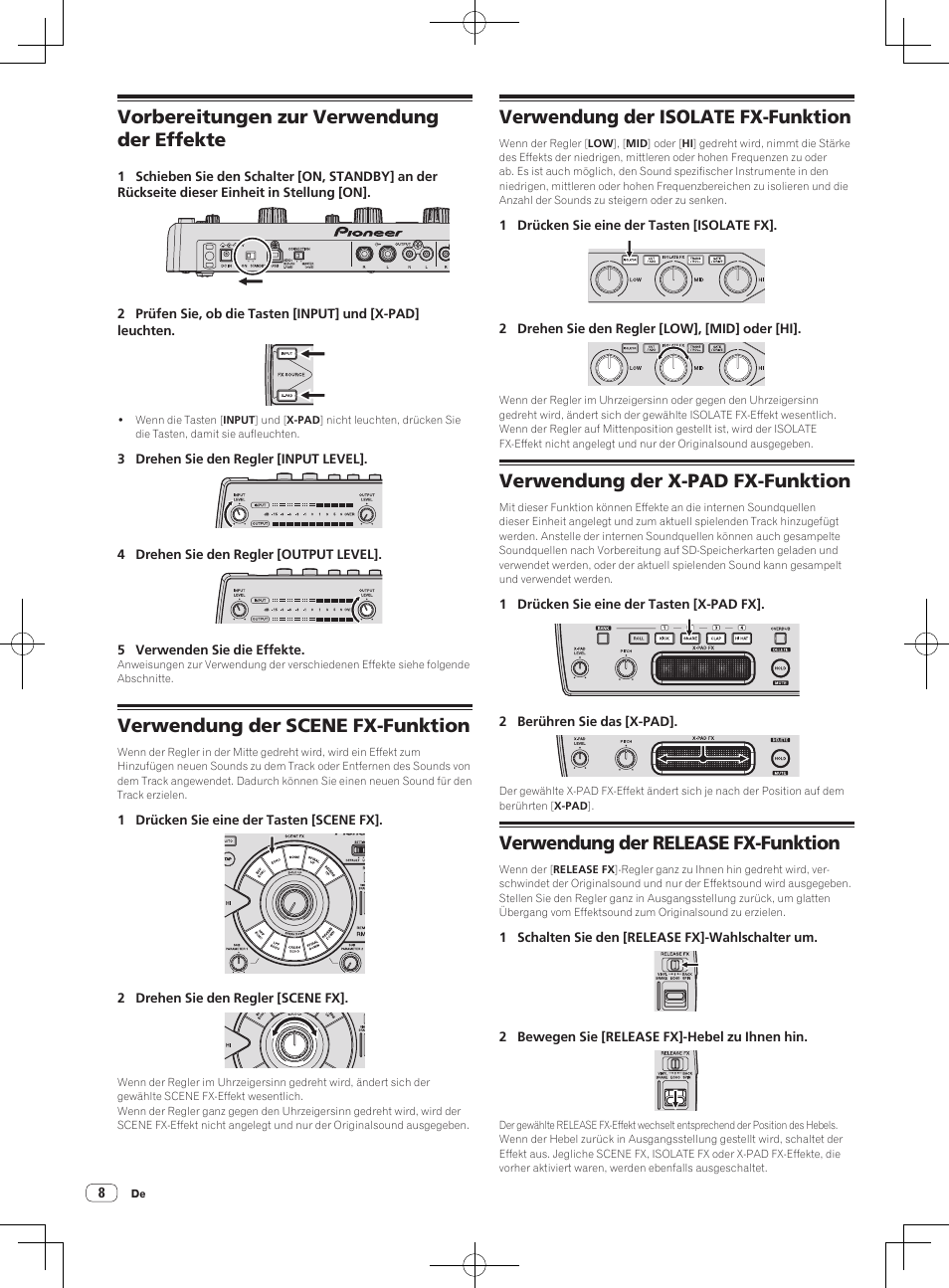 Vorbereitungen zur verwendung der effekte, Verwendung der scene fx-funktion, Verwendung der isolate fx-funktion | Verwendung der x-pad fx-funktion, Verwendung der release fx-funktion | Pioneer RMX-1000-M User Manual | Page 56 / 76