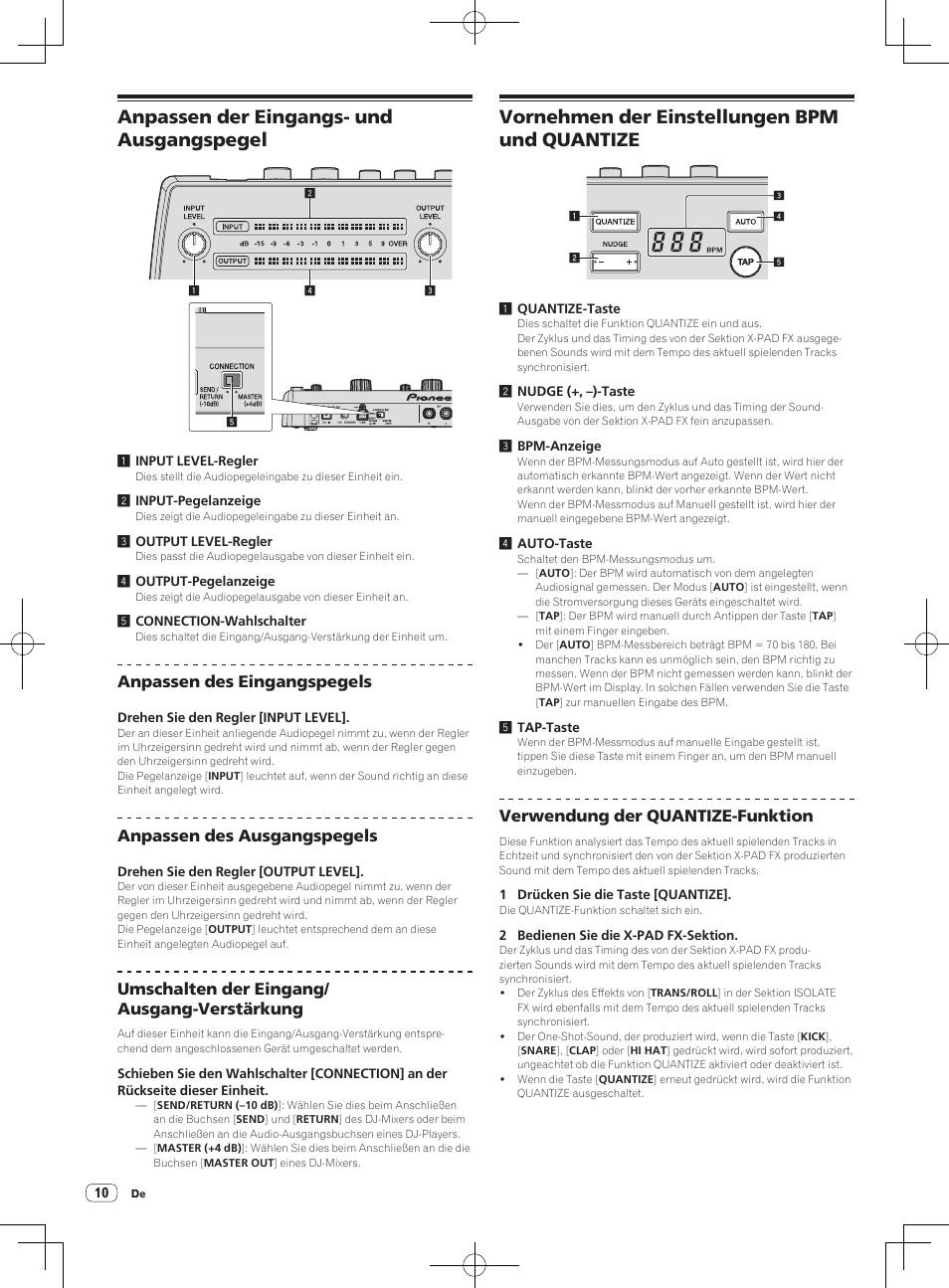 Anpassen der eingangs- und ausgangspegel, Vornehmen der einstellungen bpm und quantize, Anpassen des eingangspegels | Anpassen des ausgangspegels, Umschalten der eingang/ ausgang-verstärkung, Verwendung der quantize-funktion | Pioneer RMX-1000-M User Manual | Page 58 / 76