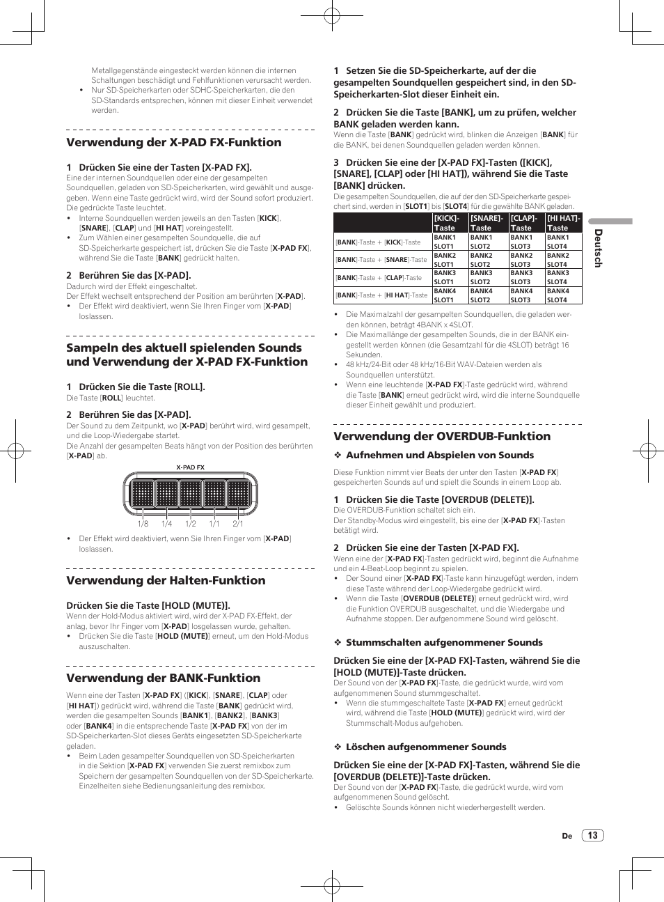 Verwendung der x-pad fx-funktion, Verwendung der halten-funktion, Verwendung der bank-funktion | Verwendung der overdub-funktion | Pioneer RMX-1000-M User Manual | Page 61 / 76