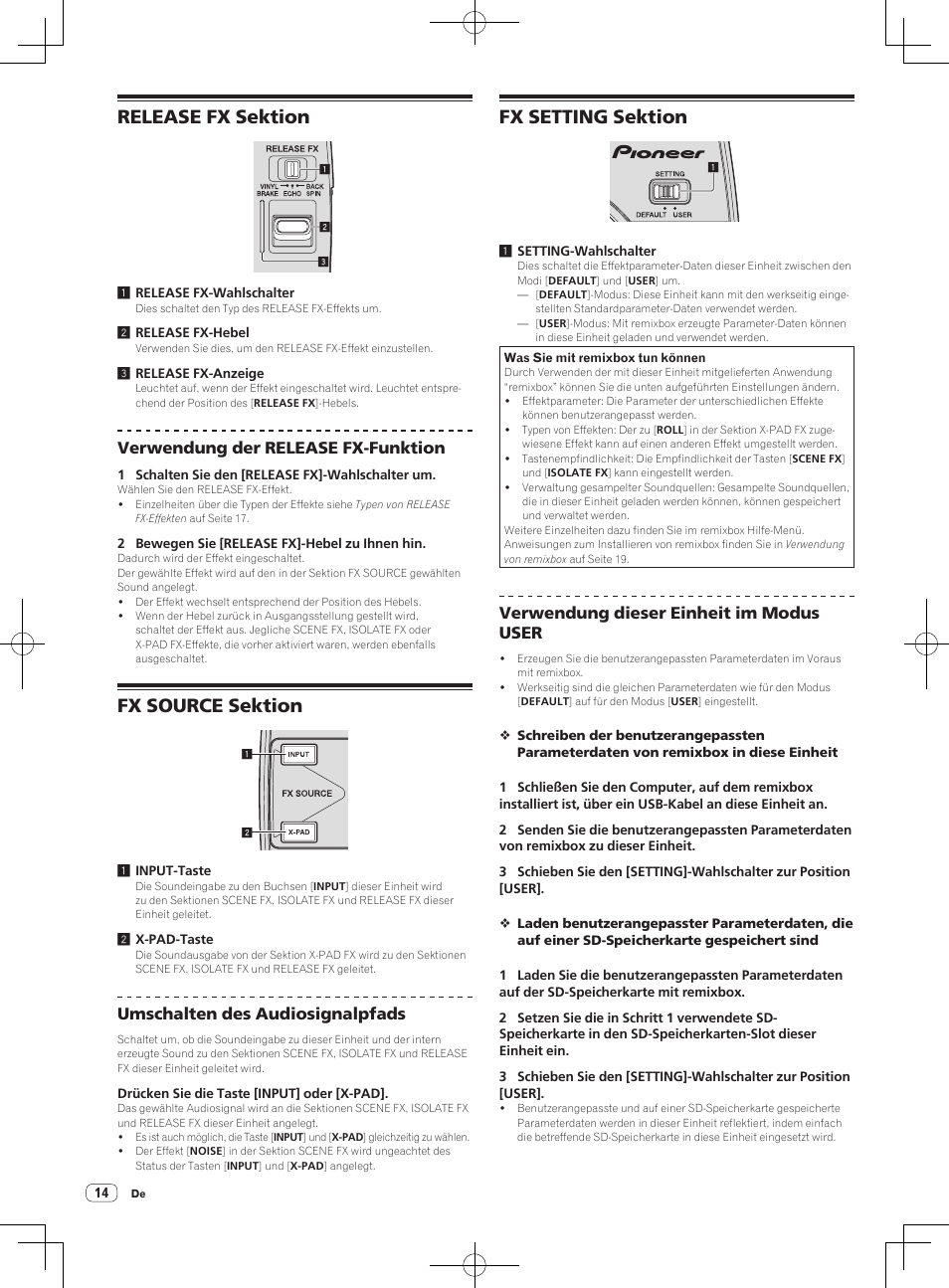 Release fx sektion, Fx source sektion, Fx setting sektion | Verwendung der release fx-funktion, Umschalten des audiosignalpfads, Verwendung dieser einheit im modus user | Pioneer RMX-1000-M User Manual | Page 62 / 76