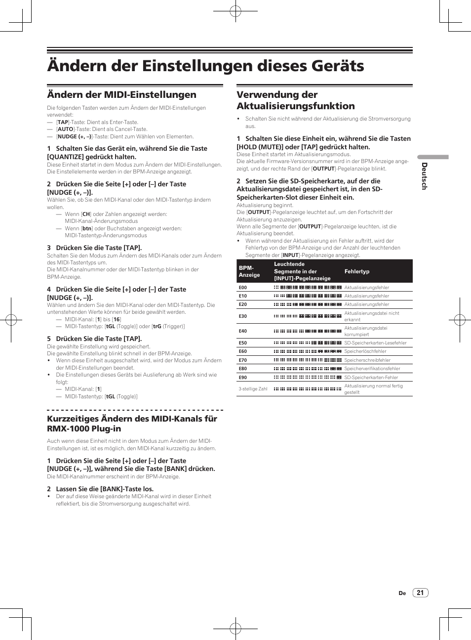 Ändern der einstellungen dieses geräts, Ändern der midi-einstellungen, Verwendung der aktualisierungsfunktion | Pioneer RMX-1000-M User Manual | Page 69 / 76