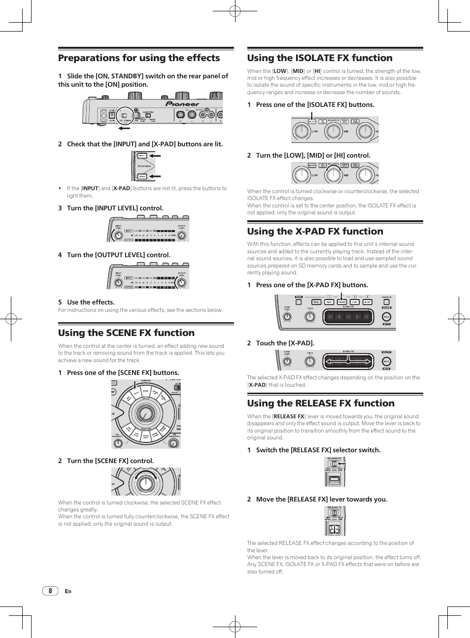 Preparations for using the effects, Using the scene fx function, Using the isolate fx function | Using the x-pad fx function, Using the release fx function | Pioneer RMX-1000-M User Manual | Page 8 / 76