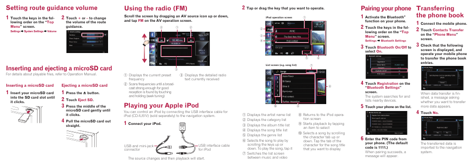 Pairing your phone, Transferring the phone book, Setting route guidance volume | Using the radio (fm) playing your apple ipod, Inserting and ejecting a microsd card | Pioneer AVIC-F930BT User Manual | Page 2 / 2