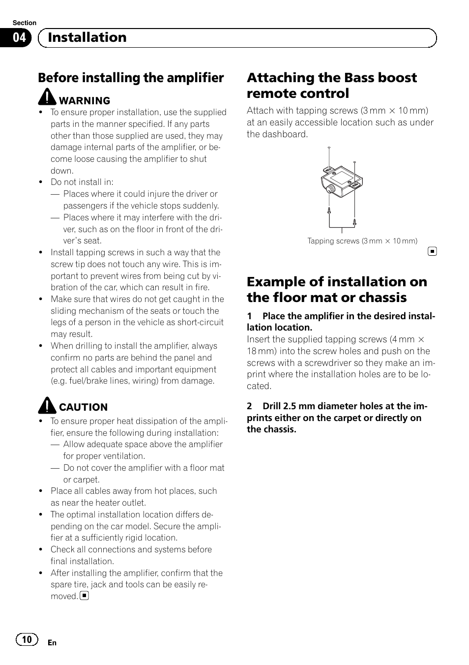 Before installing the amplifier, Attaching the bass boost remote control, 04 installation | Pioneer GM-D8601 User Manual | Page 10 / 92