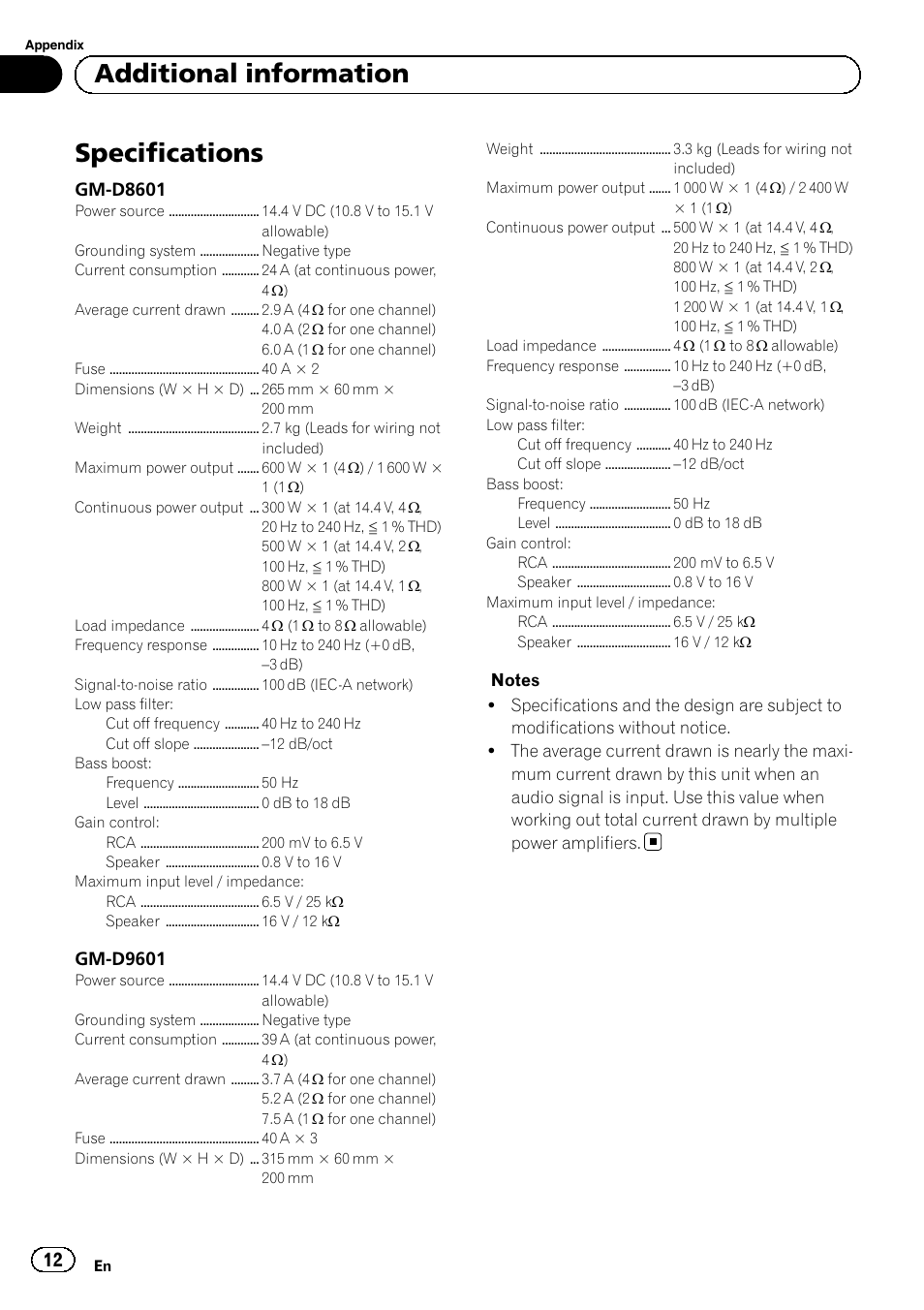 Specifications, Additional information, Gm-d8601 | Gm-d9601 | Pioneer GM-D8601 User Manual | Page 12 / 92
