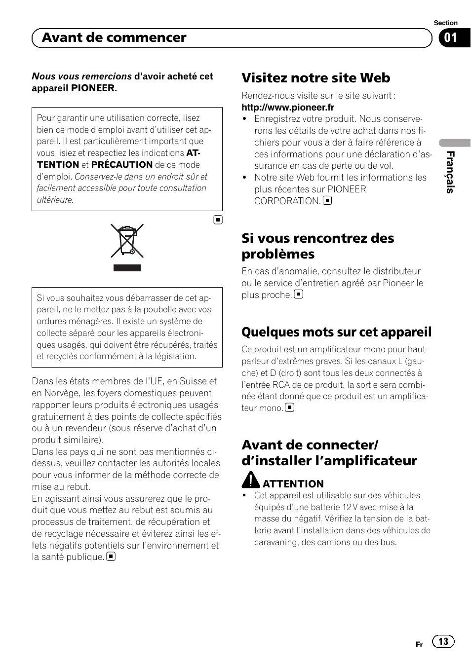 Rançais, Visitez notre site web, Si vous rencontrez des problèmes | Quelques mots sur cet appareil, Avant de connecter/ d ’installer l’amplificateur, 01 avant de commencer | Pioneer GM-D8601 User Manual | Page 13 / 92