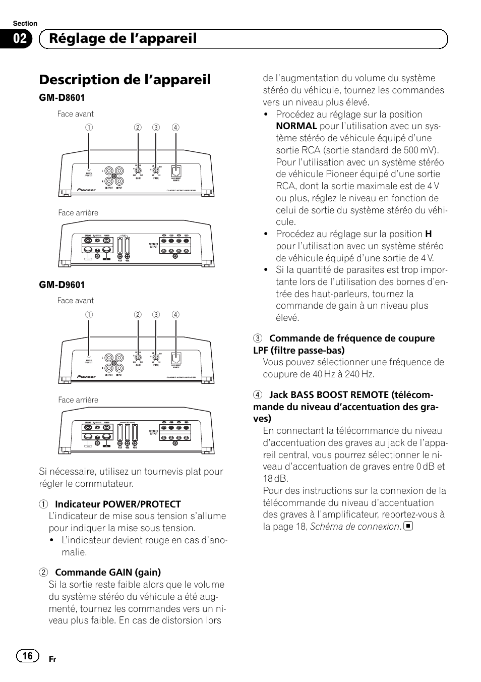 Description de l ’appareil, 02 réglage de l ’appareil | Pioneer GM-D8601 User Manual | Page 16 / 92