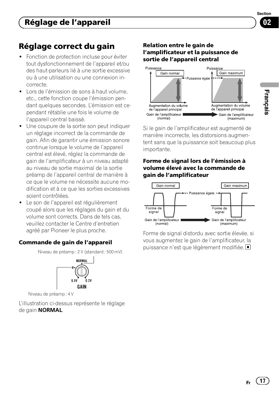 Réglage correct du gain, 02 réglage de l ’appareil | Pioneer GM-D8601 User Manual | Page 17 / 92