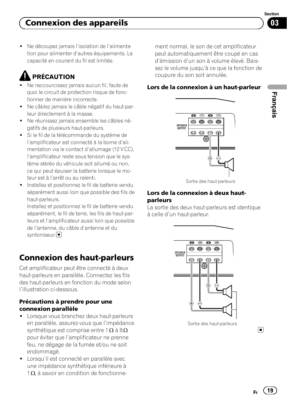 Connexion des haut-parleurs, 03 connexion des appareils | Pioneer GM-D8601 User Manual | Page 19 / 92