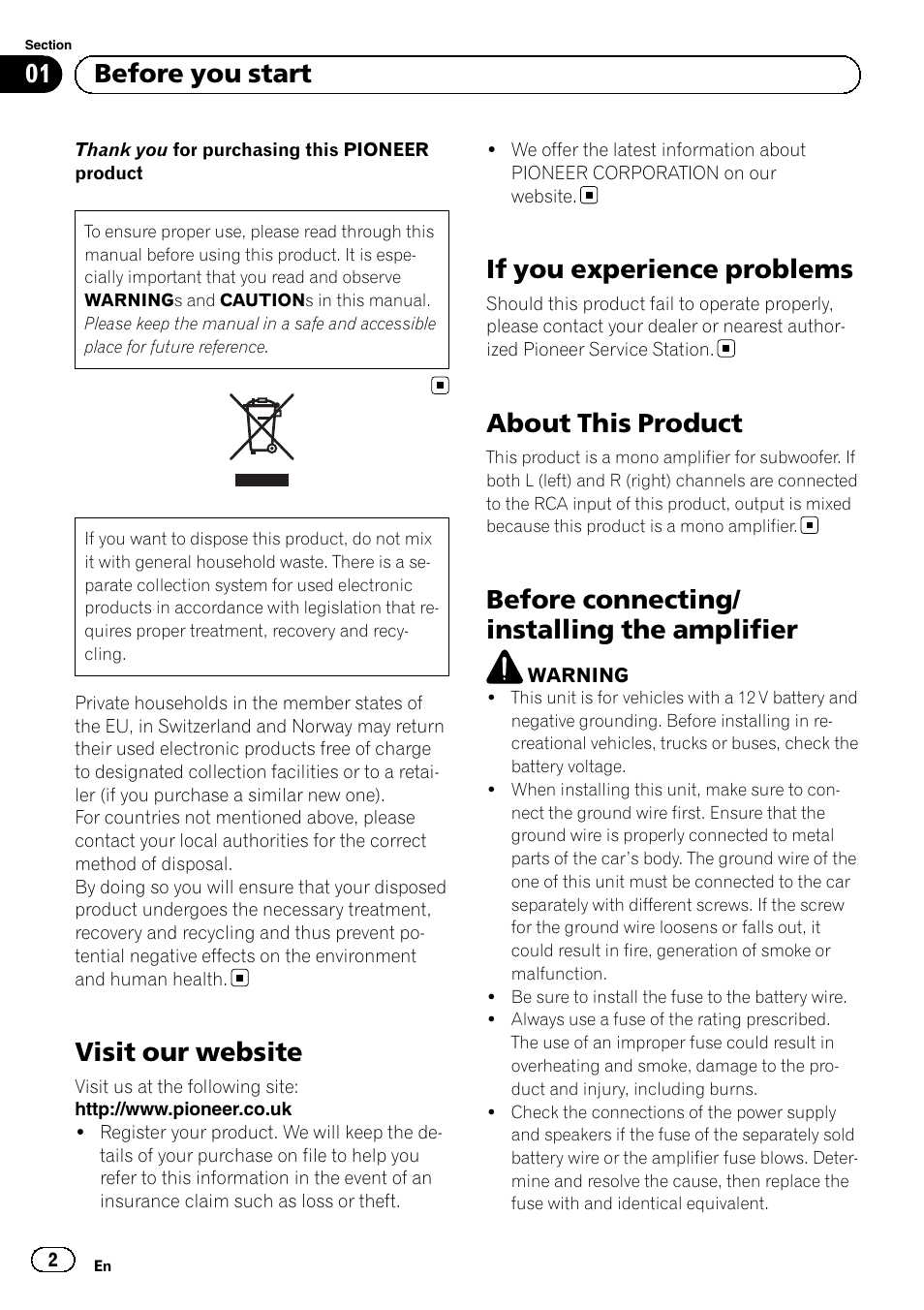 English, Visit our website, If you experience problems | About this product, Before connecting/ installing the amplifier, 01 before you start | Pioneer GM-D8601 User Manual | Page 2 / 92