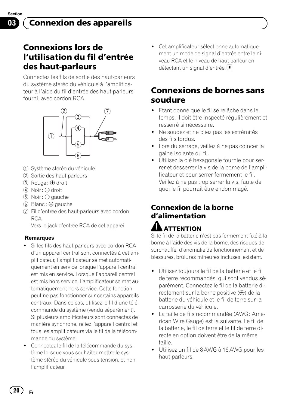 Alimentation, Utilisation du fil d’entrée des, Haut-parleurs | Connexions de bornes sans soudure, 03 connexion des appareils, Connexion de la borne d ’alimentation | Pioneer GM-D8601 User Manual | Page 20 / 92