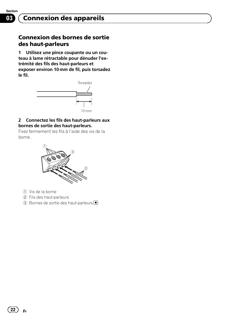 03 connexion des appareils, Connexion des bornes de sortie des haut-parleurs | Pioneer GM-D8601 User Manual | Page 22 / 92
