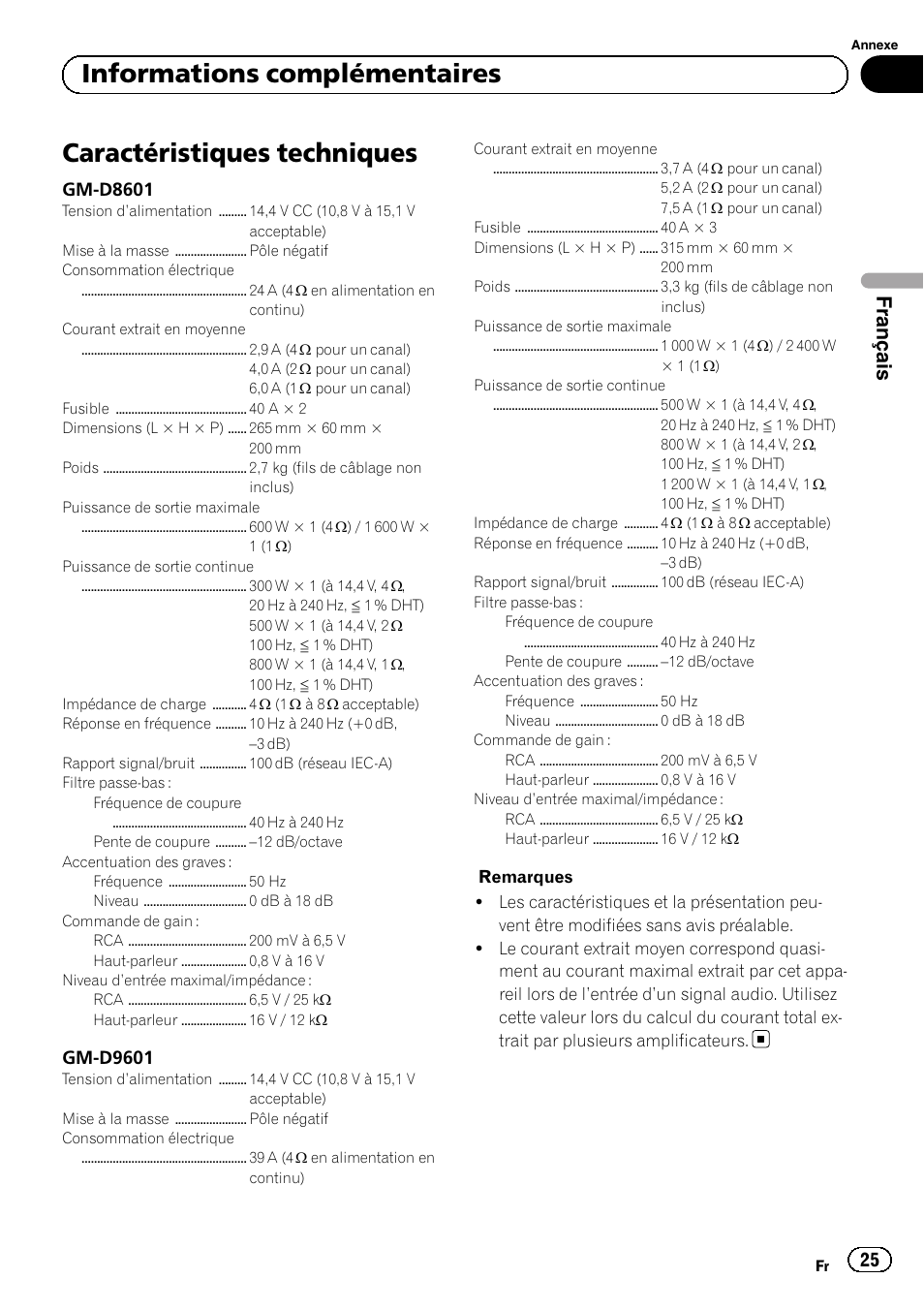 Caractéristiques techniques, Informations complémentaires, Français | Gm-d8601, Gm-d9601 | Pioneer GM-D8601 User Manual | Page 25 / 92