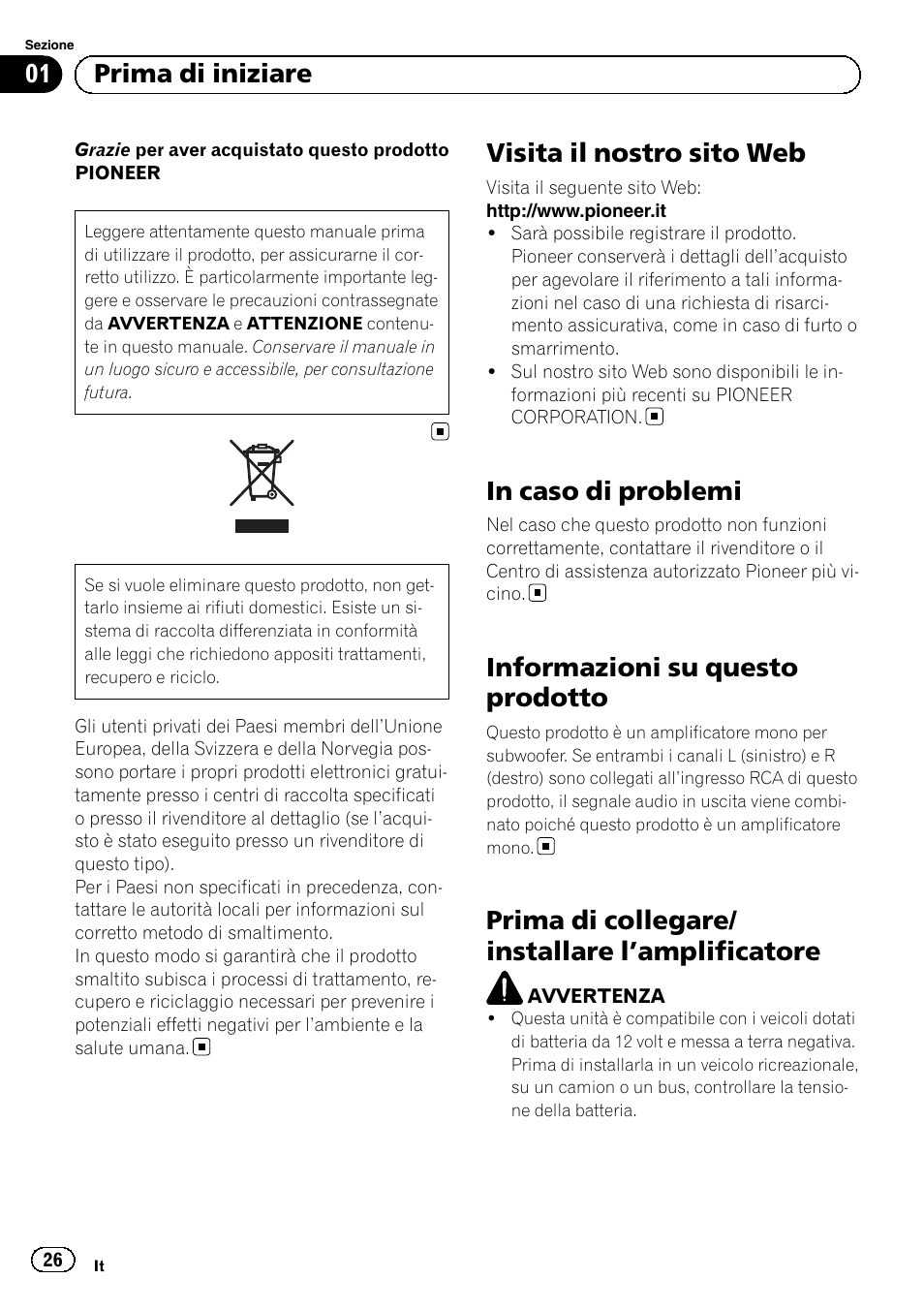 Italiano, Visita il nostro sito web, Informazioni su questo prodotto | Prima di collegare/ installare l ’amplificatore, 01 prima di iniziare | Pioneer GM-D8601 User Manual | Page 26 / 92