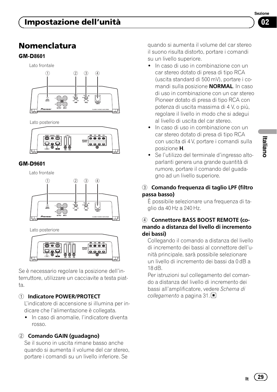 Nomenclatura, 02 impostazione dell ’unità | Pioneer GM-D8601 User Manual | Page 29 / 92