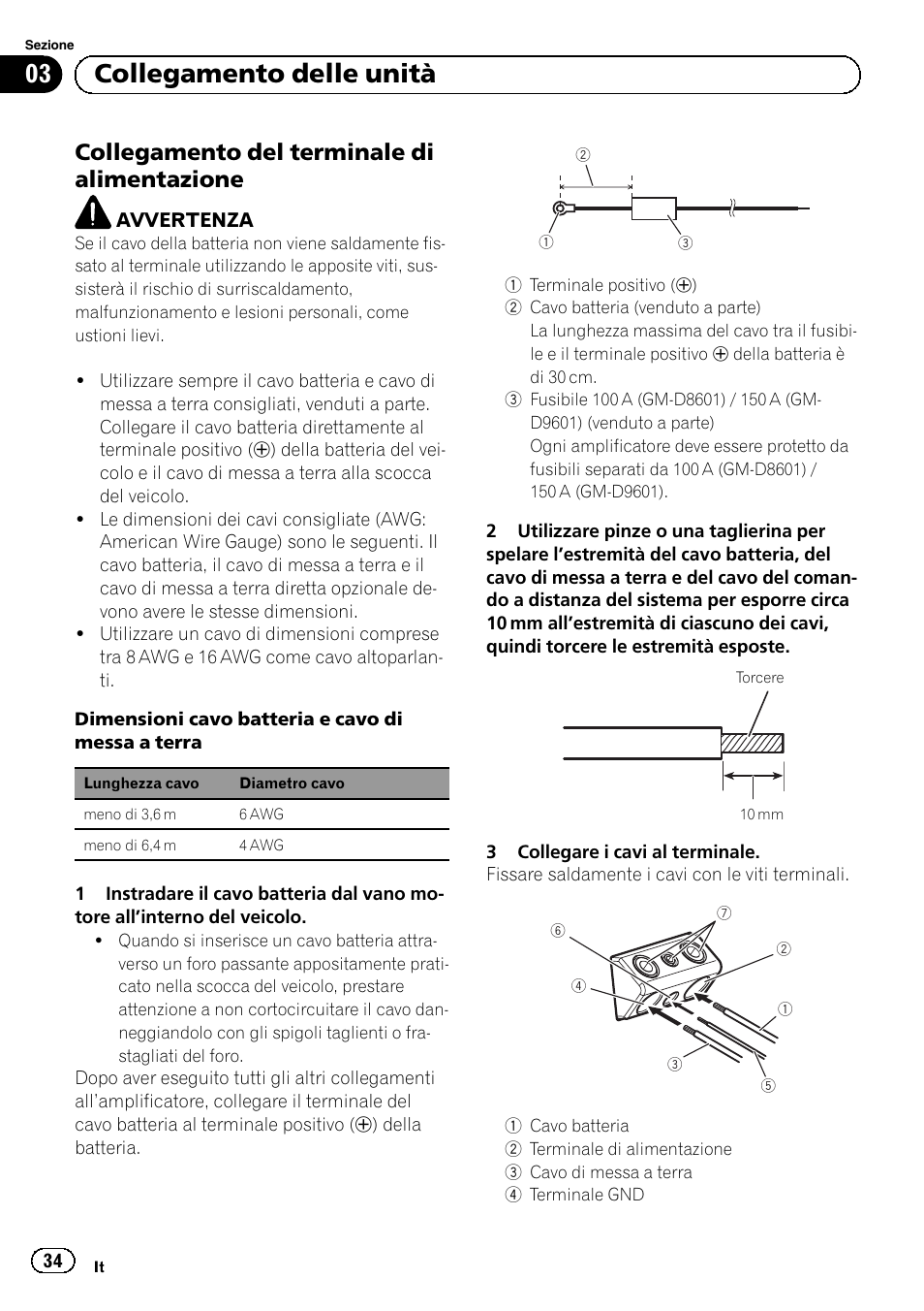 03 collegamento delle unità, Collegamento del terminale di alimentazione | Pioneer GM-D8601 User Manual | Page 34 / 92