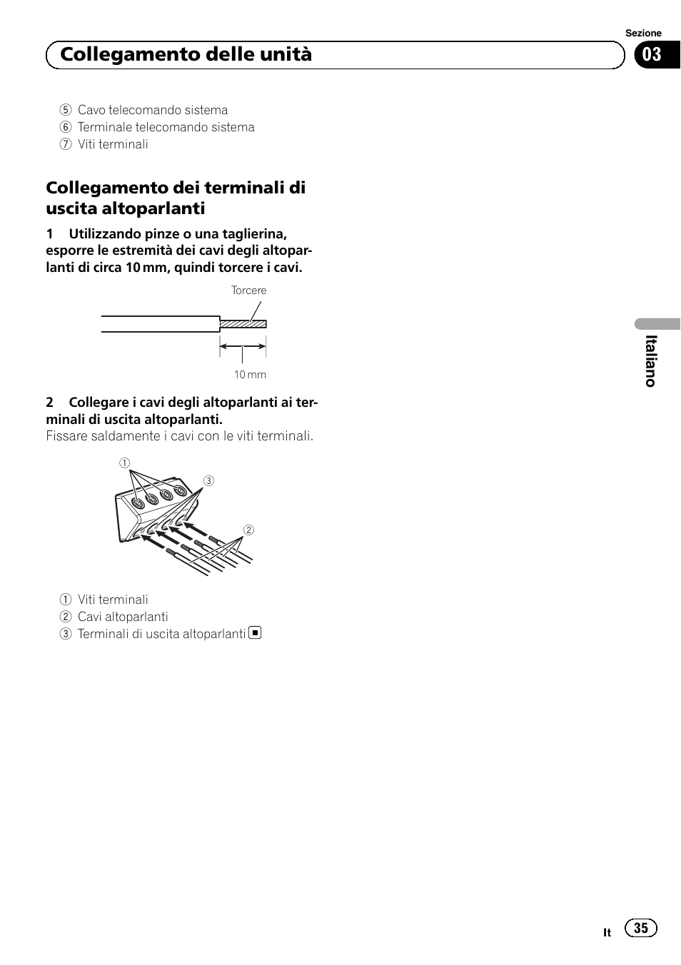03 collegamento delle unità, Collegamento dei terminali di uscita altoparlanti | Pioneer GM-D8601 User Manual | Page 35 / 92