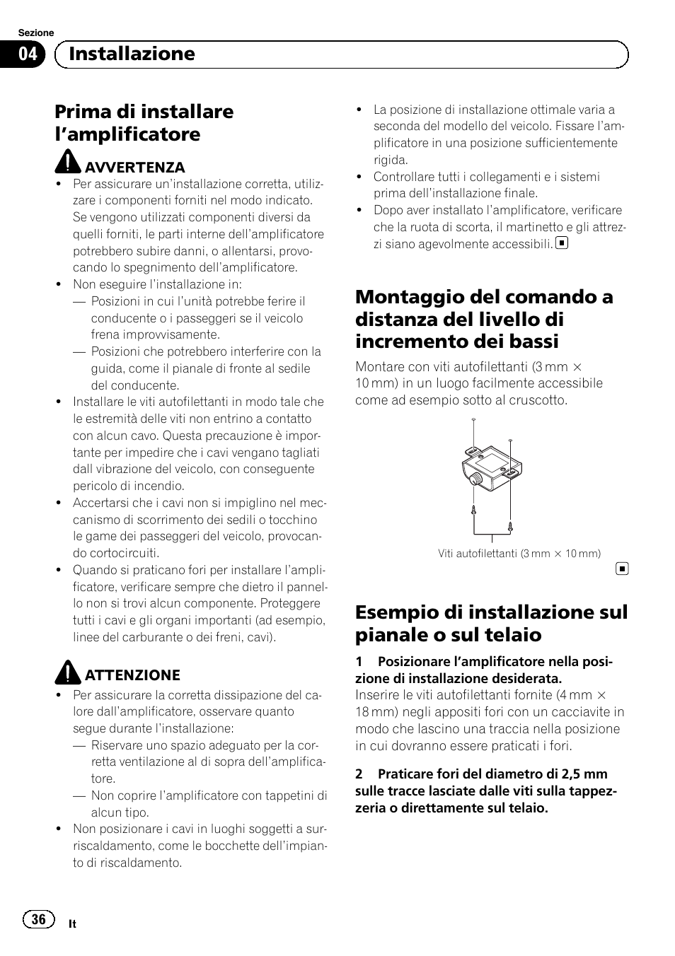 Prima di installare l ’amplificatore, Esempio di installazione sul pianale o sul telaio, 04 installazione | Pioneer GM-D8601 User Manual | Page 36 / 92