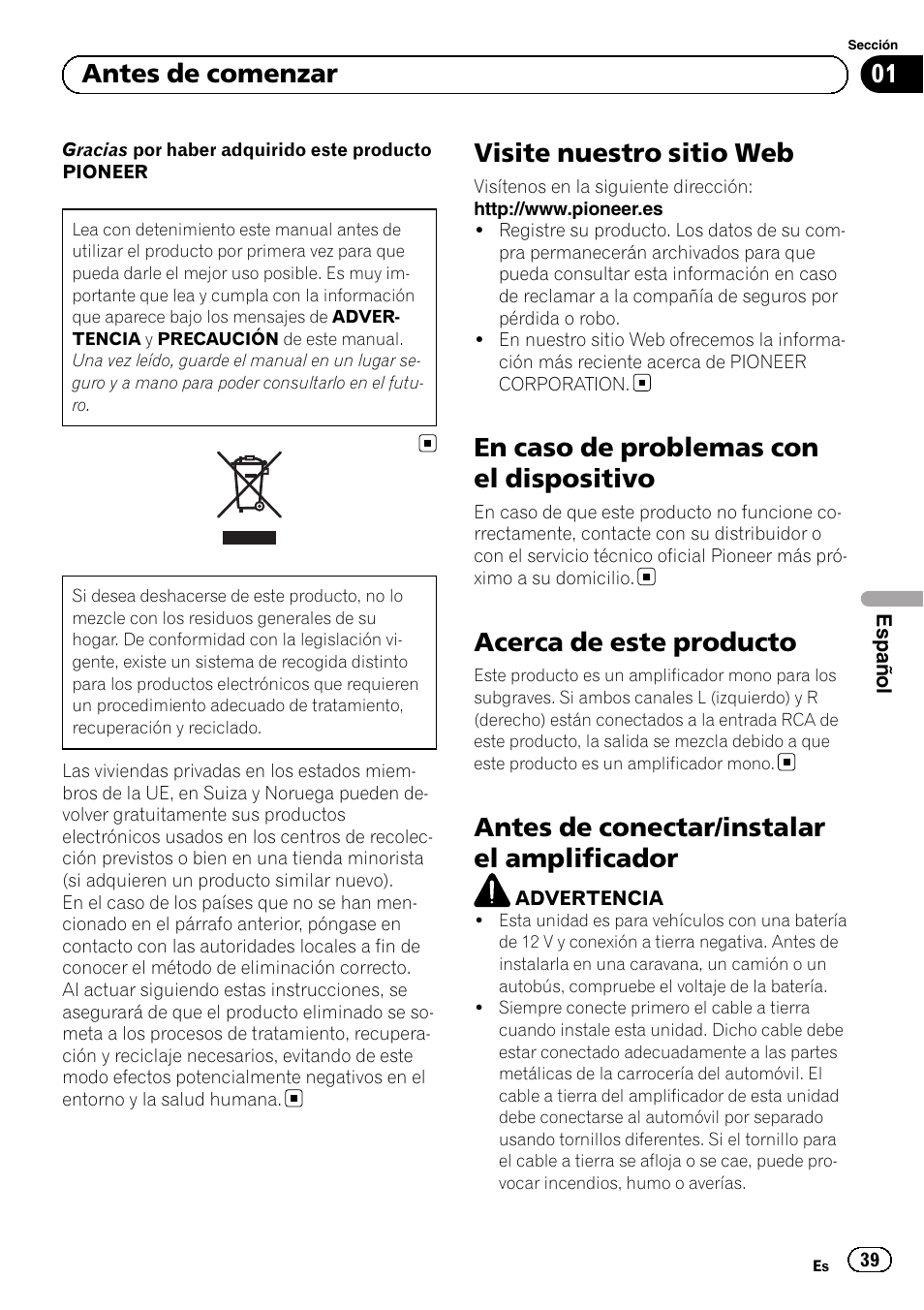 Español, Visite nuestro sitio web, En caso de problemas con el dispositivo | Acerca de este producto, Antes de conectar/instalar el amplificador, 01 antes de comenzar | Pioneer GM-D8601 User Manual | Page 39 / 92