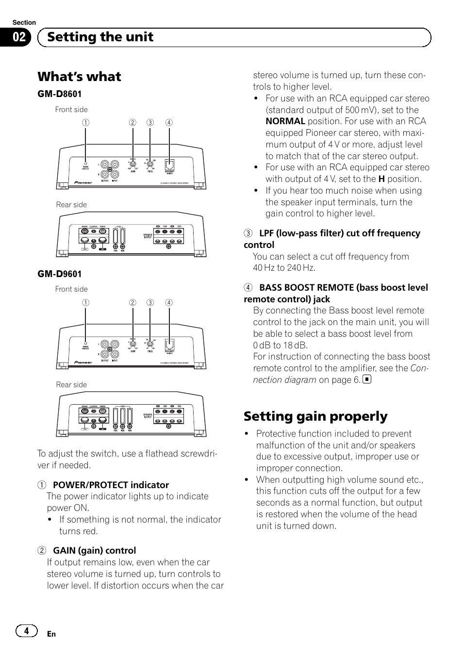What ’s what, Setting gain properly, 02 setting the unit | Pioneer GM-D8601 User Manual | Page 4 / 92