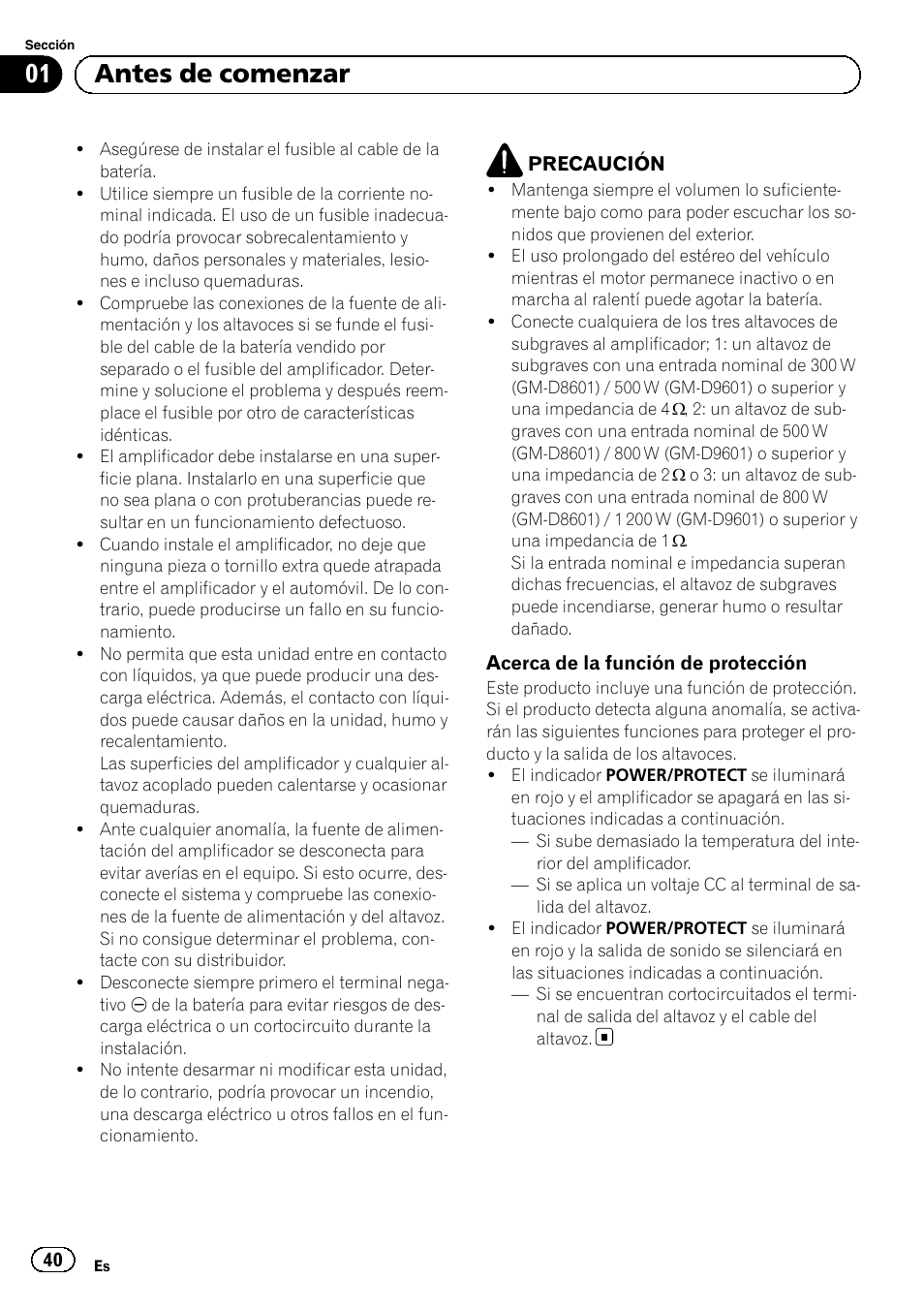 01 antes de comenzar | Pioneer GM-D8601 User Manual | Page 40 / 92