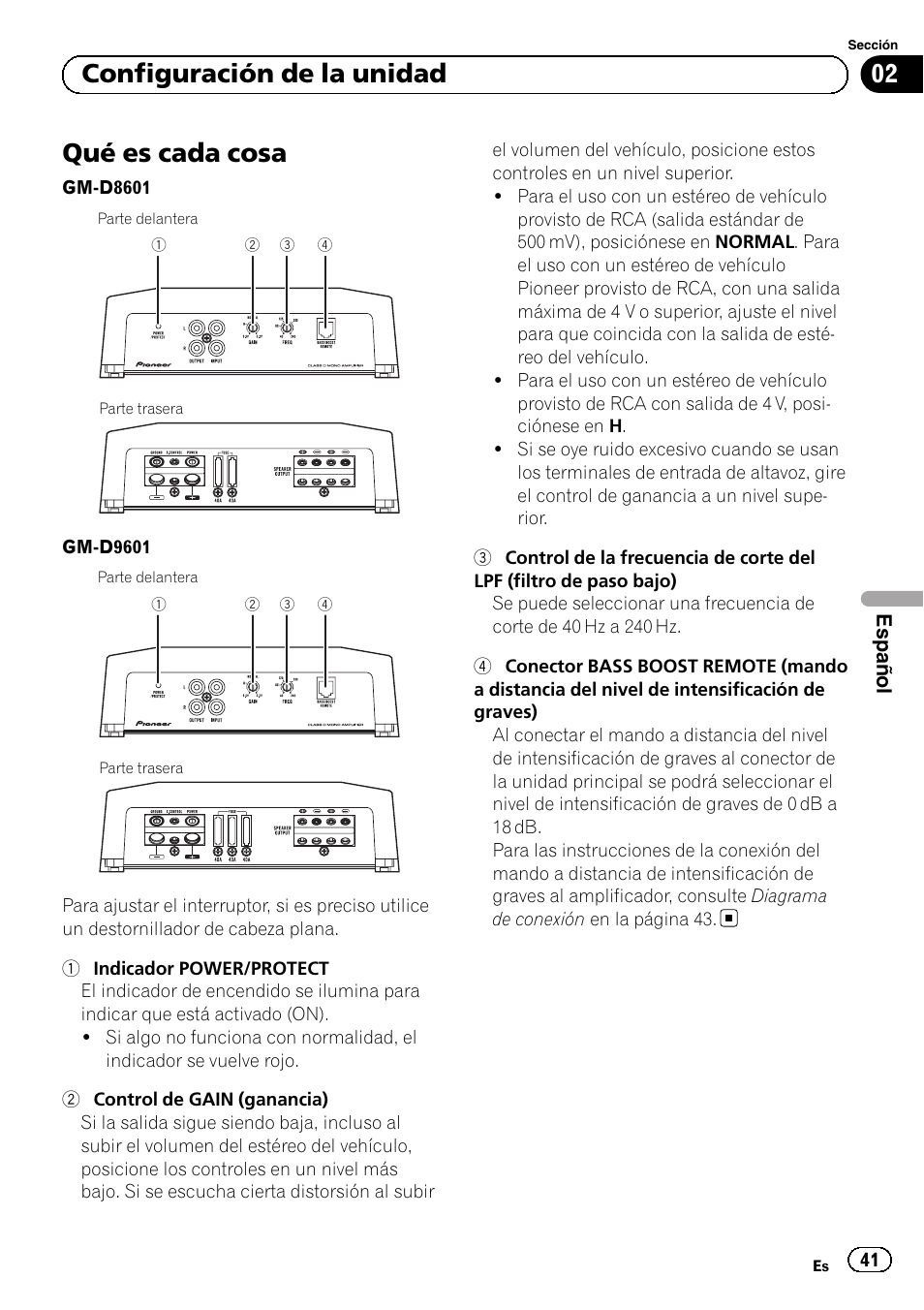 Qué es cada cosa, 02 configuración de la unidad | Pioneer GM-D8601 User Manual | Page 41 / 92